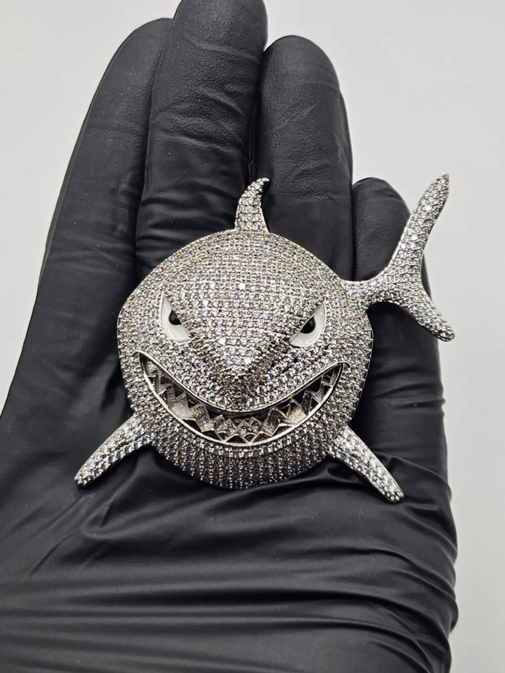 Iced Out Shark Pendant Silver Filled Large 17mm Bail Hip Hop Style